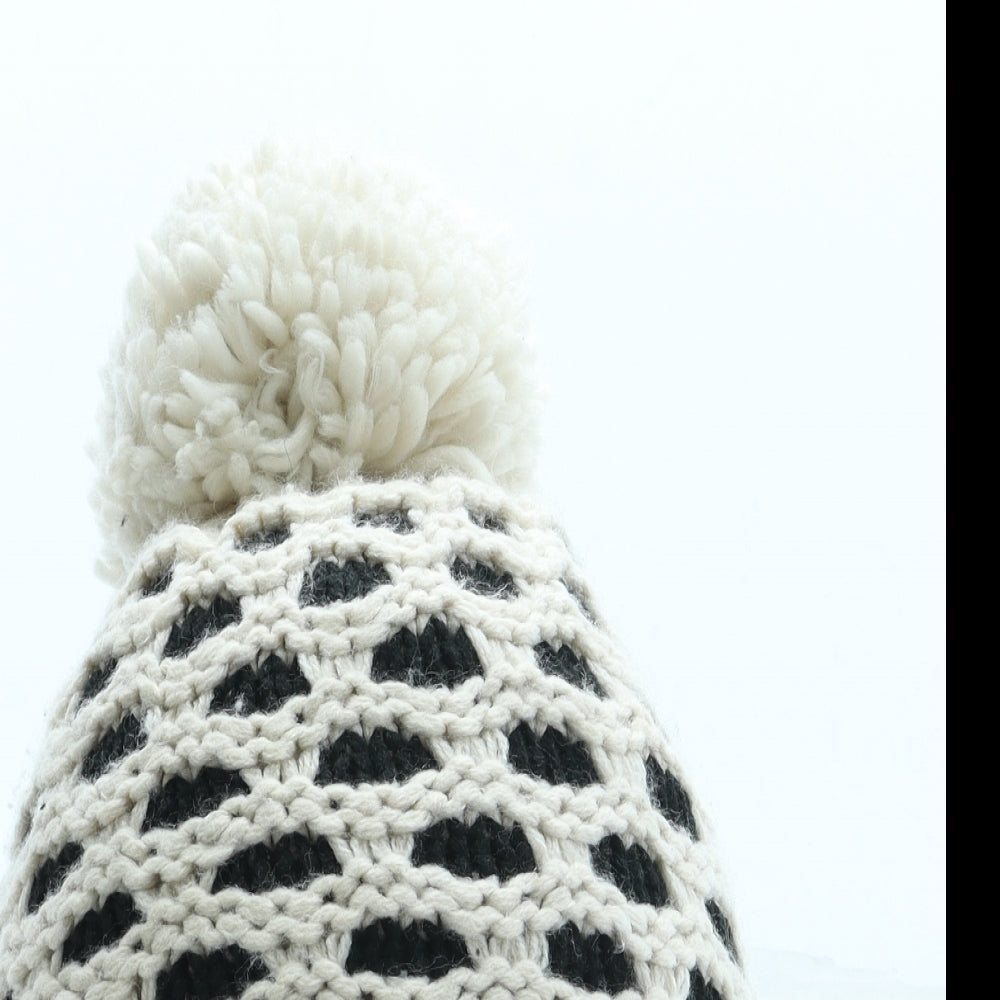 F&F Girls Beige Geometric Acrylic Bobble Hat One Size - Pom Pom
