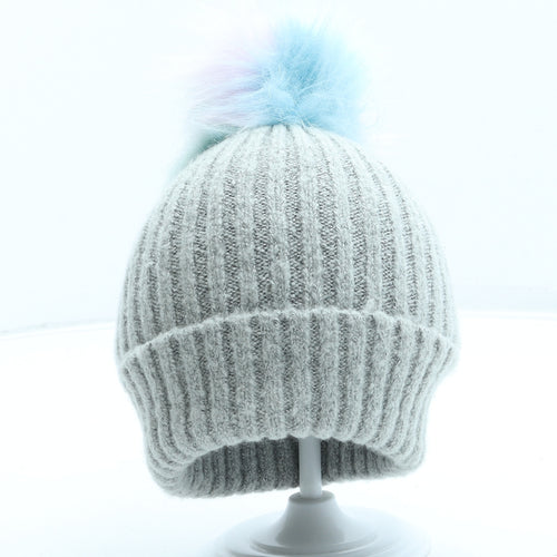 F&F Girls Grey Acrylic Bobble Hat One Size - Pom Pom