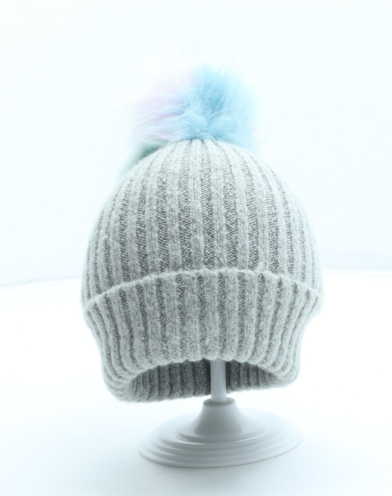 F&F Girls Grey Acrylic Bobble Hat One Size - Pom Pom