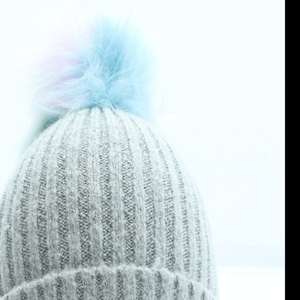 F&F Girls Grey Acrylic Bobble Hat One Size - Pom Pom