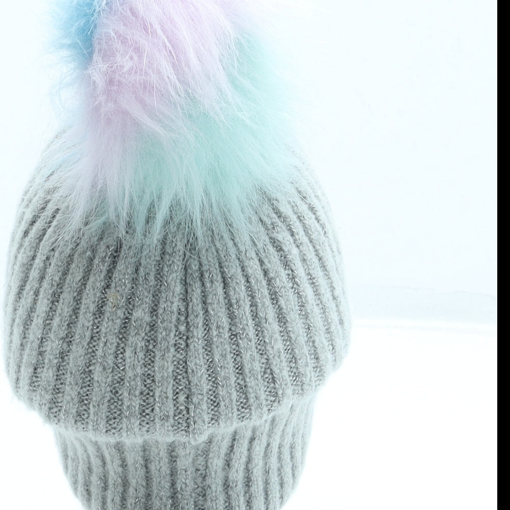 F&F Girls Grey Acrylic Bobble Hat One Size - Pom Pom