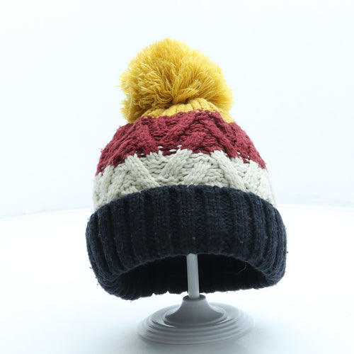 F&F Boys Blue Striped Acrylic Bobble Hat One Size - Pom Pom