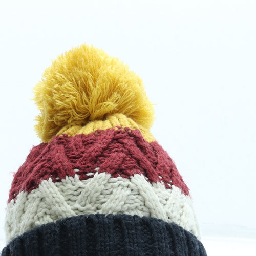 F&F Boys Blue Striped Acrylic Bobble Hat One Size - Pom Pom