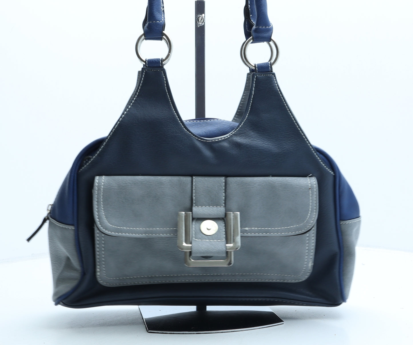 Preworn Womens Blue Colorblock Polyurethane Top Handle Bag Size Medium