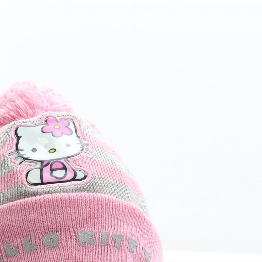 Hello Kitty Girls Pink Striped Acrylic Bobble Hat One Size