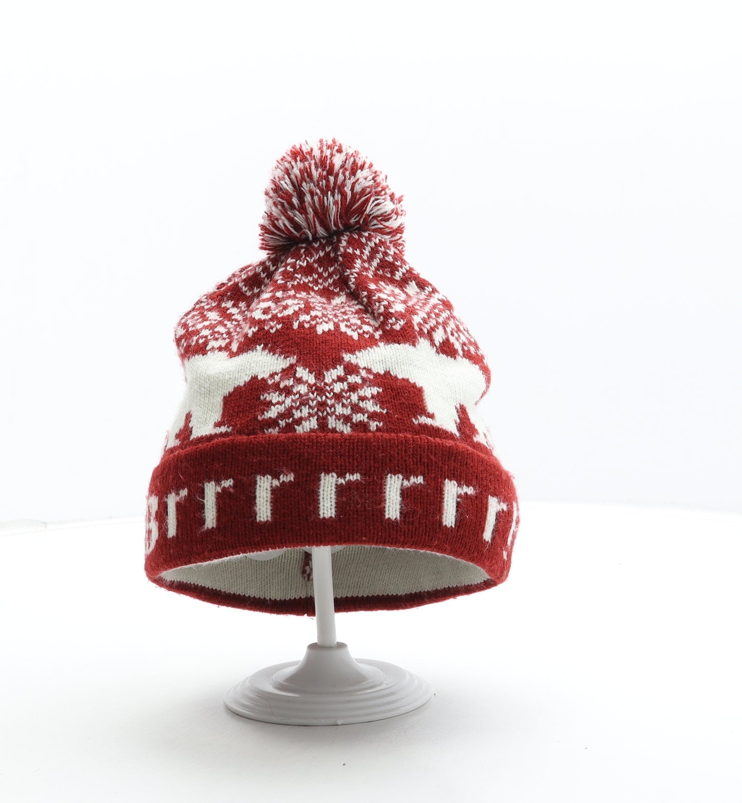 Preworn Mens Brown Fair Isle Acrylic Beanie One Size - Polar Bear Pom Pom Detail