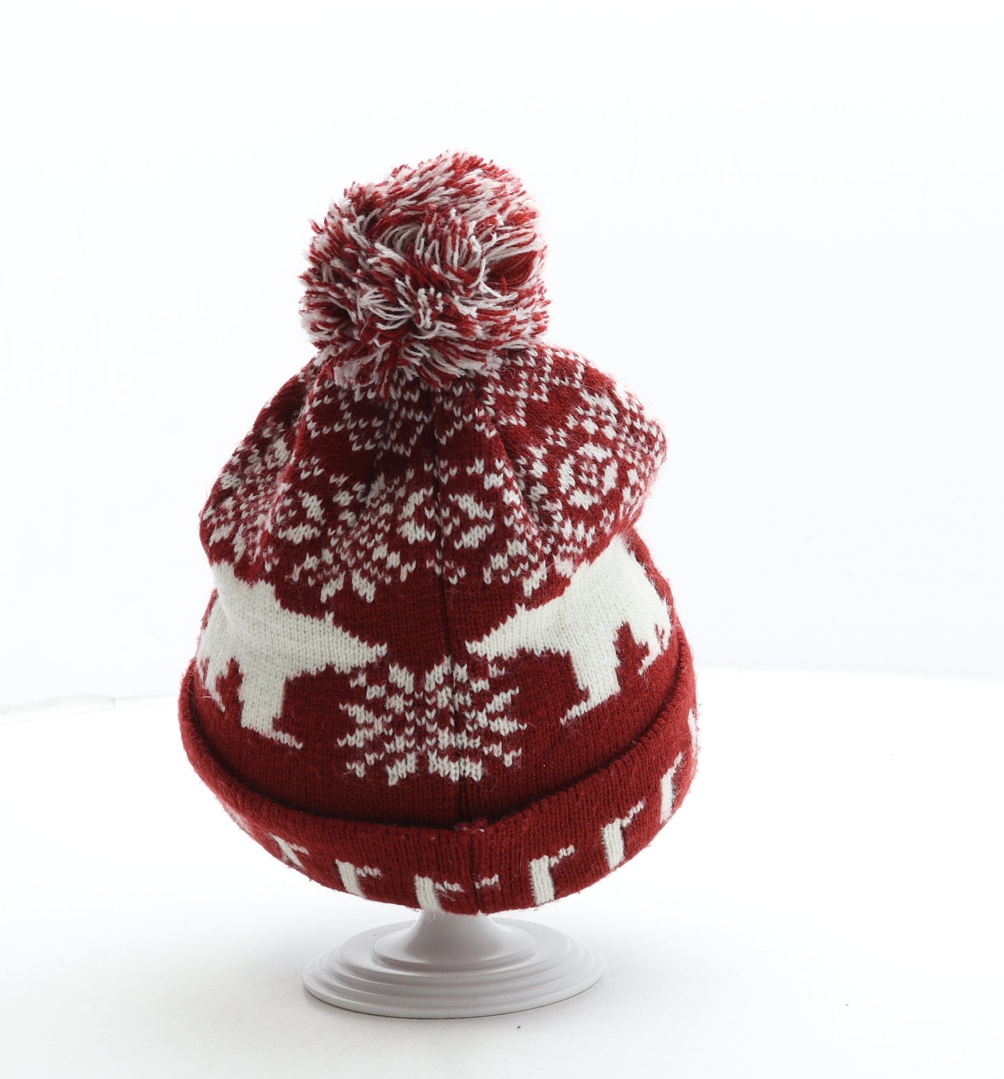 Preworn Mens Brown Fair Isle Acrylic Beanie One Size - Polar Bear Pom Pom Detail