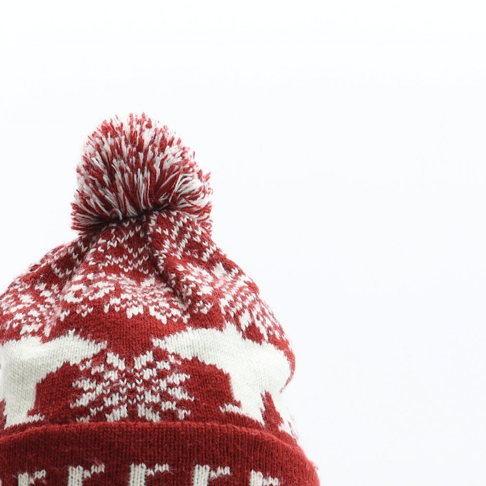 Preworn Mens Brown Fair Isle Acrylic Beanie One Size - Polar Bear Pom Pom Detail