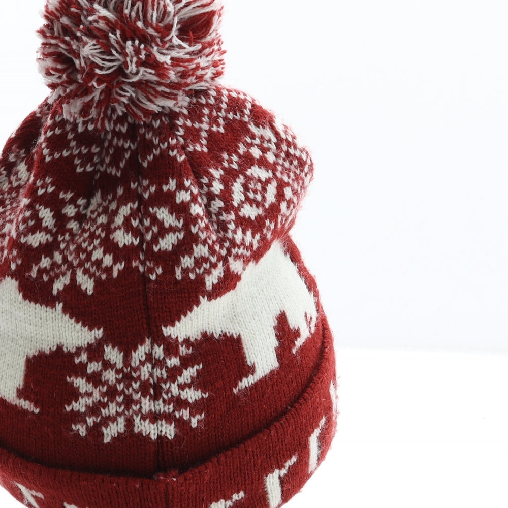 Preworn Mens Brown Fair Isle Acrylic Beanie One Size - Polar Bear Pom Pom Detail