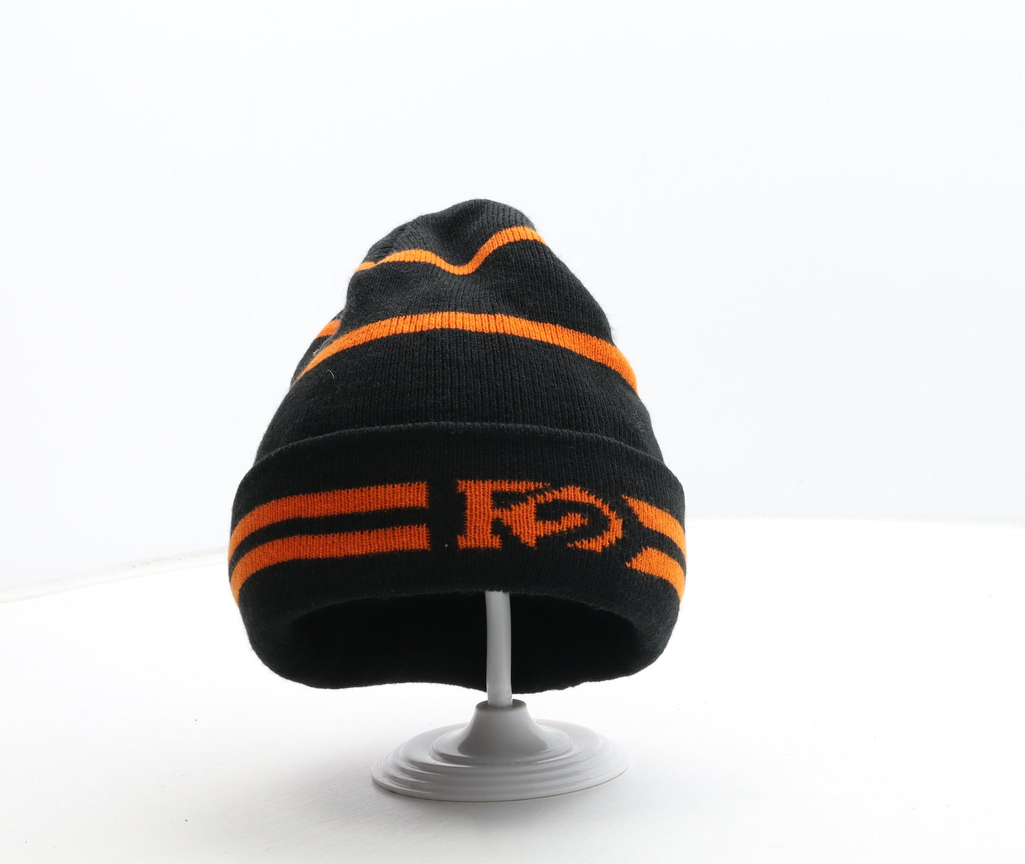 F2 Mens Black Striped Acrylic Beanie One Size - Logo