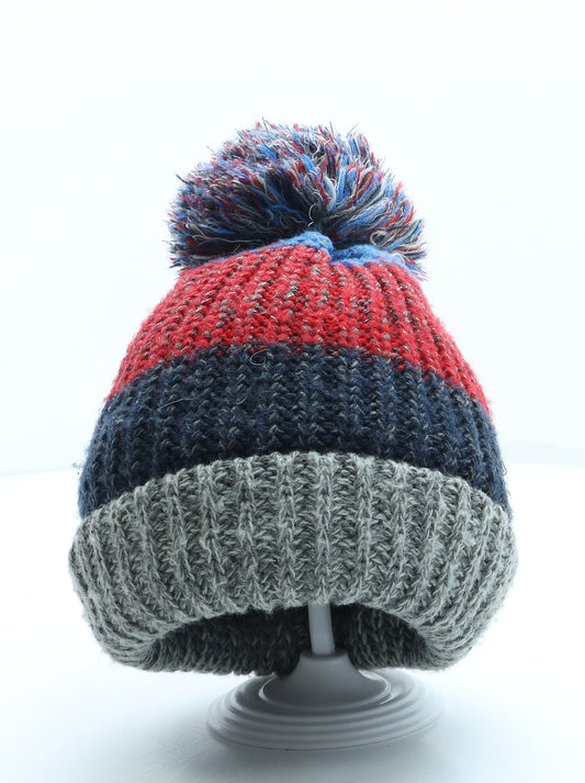 F&F Boys Red Striped Acrylic Bobble Hat One Size - Pom Pom