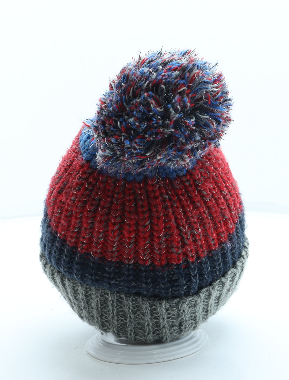 F&F Boys Red Striped Acrylic Bobble Hat One Size - Pom Pom