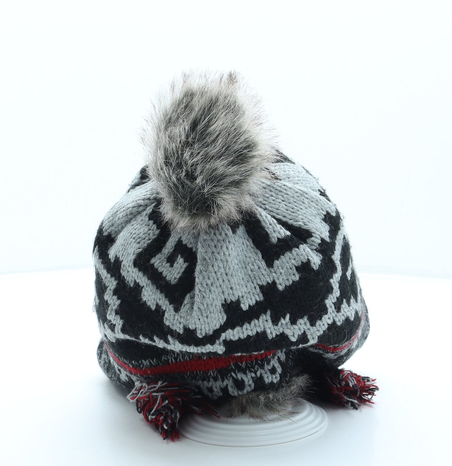 The Edge Mens Grey Geometric Acrylic Beanie One Size - Pom Pom