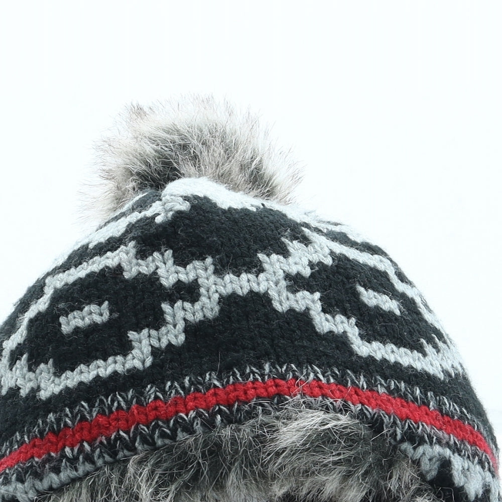 The Edge Mens Grey Geometric Acrylic Beanie One Size - Pom Pom
