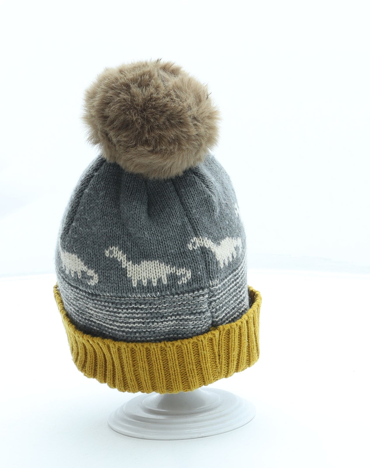 George Boys Grey Geometric Acrylic Bobble Hat One Size - Dinosaur