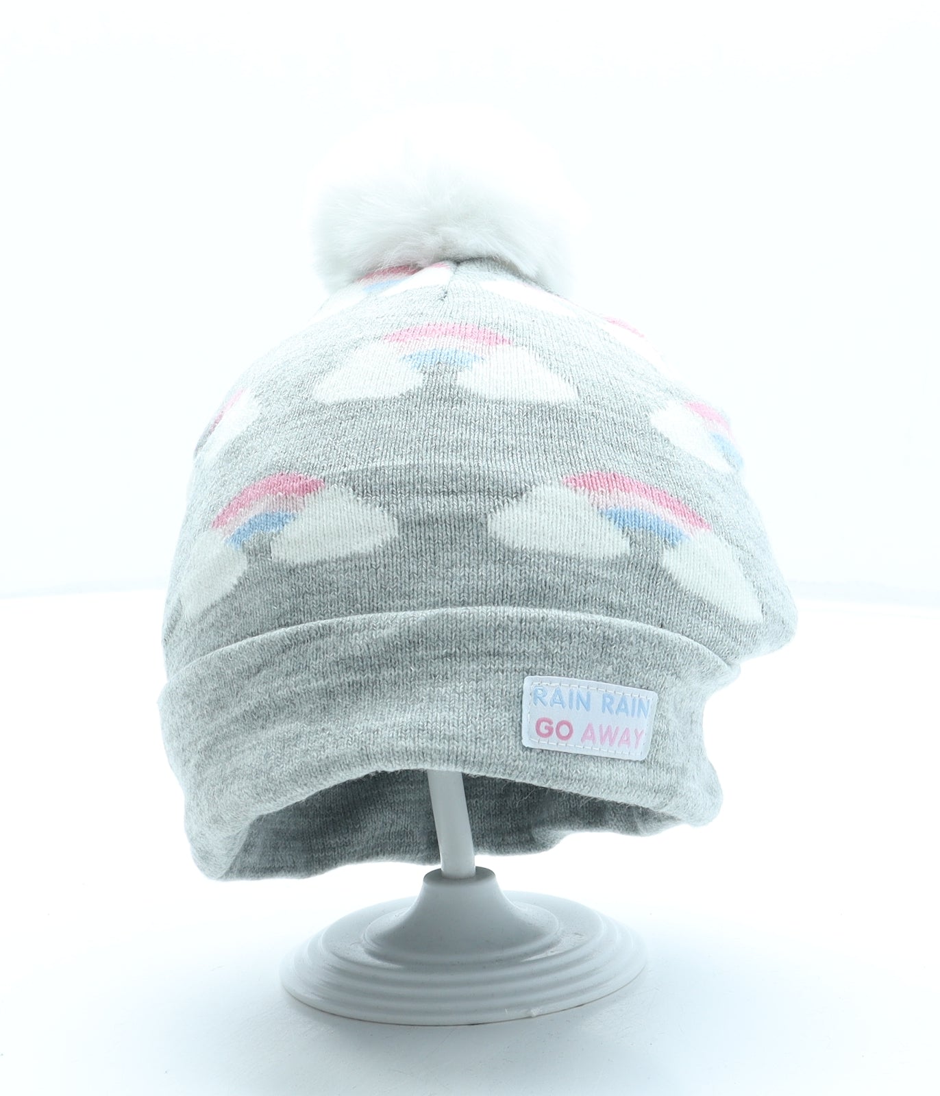 Primark Girls Grey Geometric Acrylic Bobble Hat One Size - Rainbow