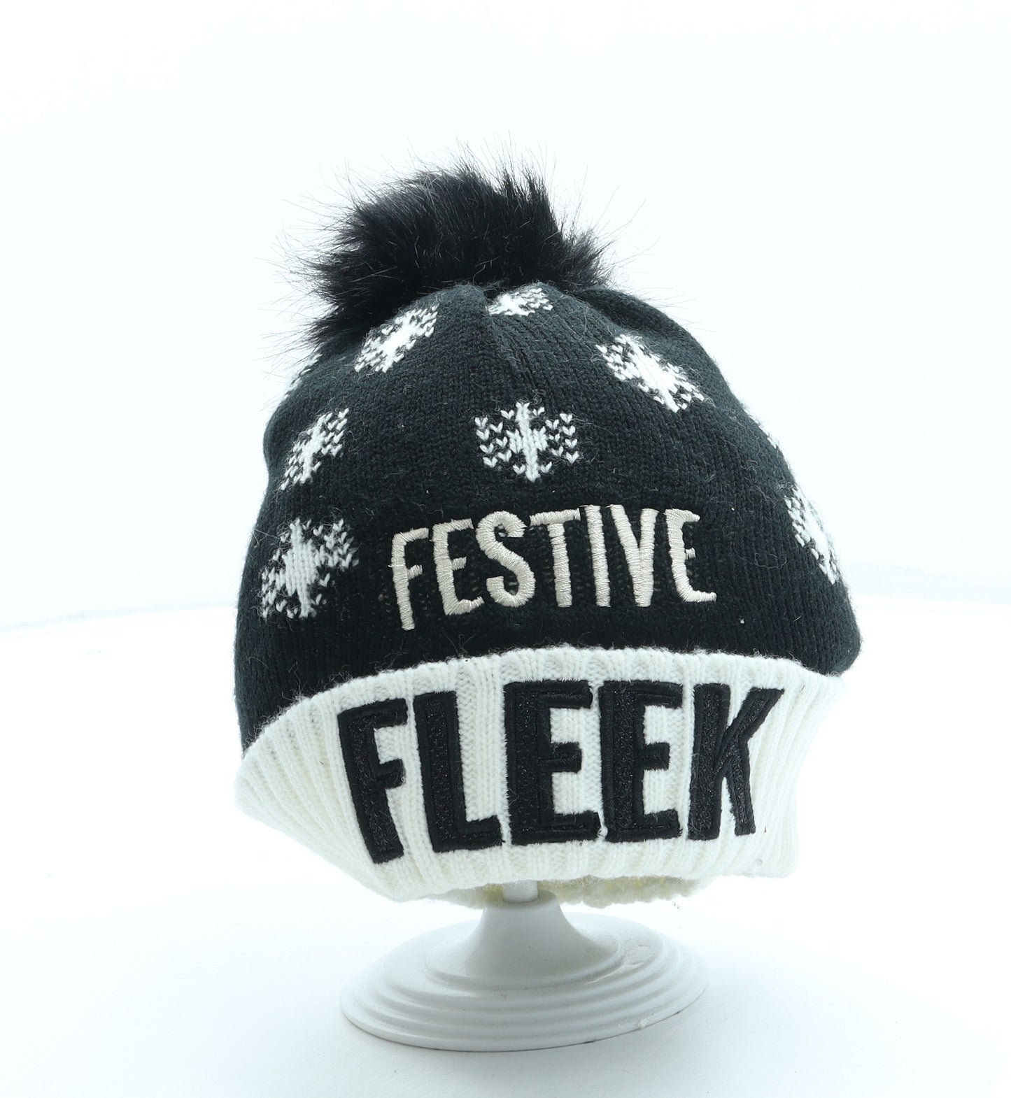 Primark Womens Black Geometric Acrylic Bobble Hat One Size - Christmas
