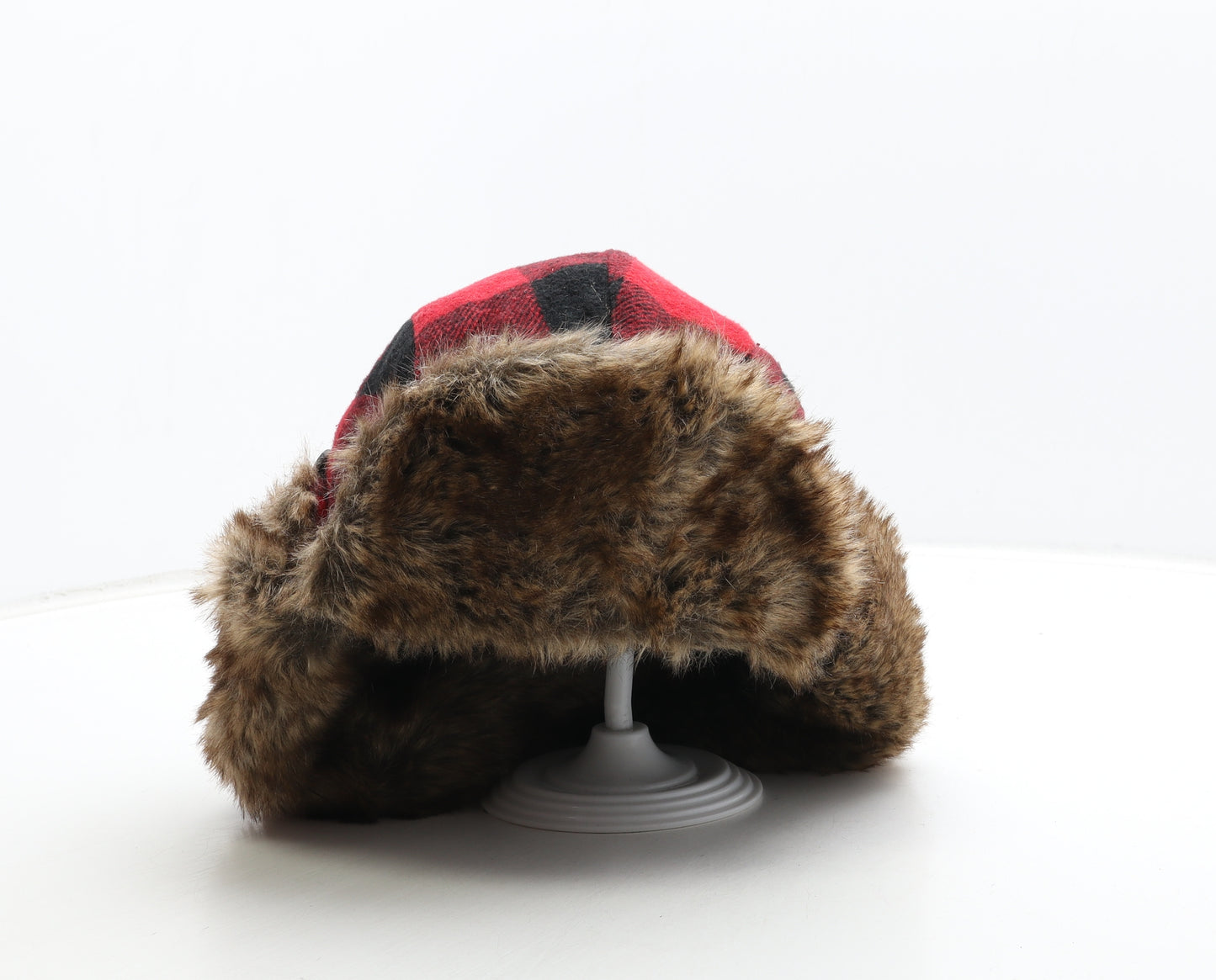 Cedar Wood State Mens Red Plaid Polyester Trapper Hat One Size - Fur Trim