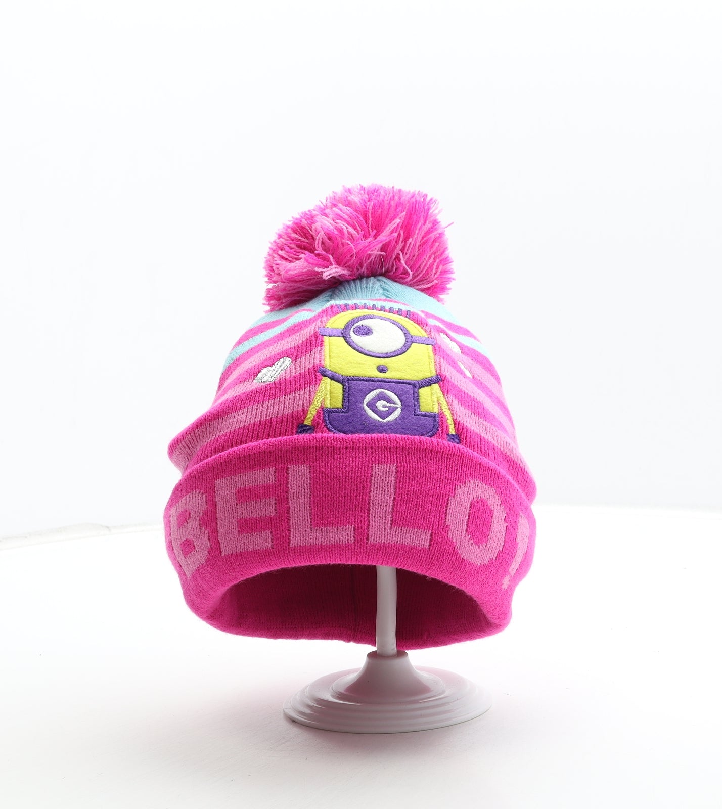 George Girls Pink Striped Acrylic Bobble Hat One Size - Despicable Me Minion