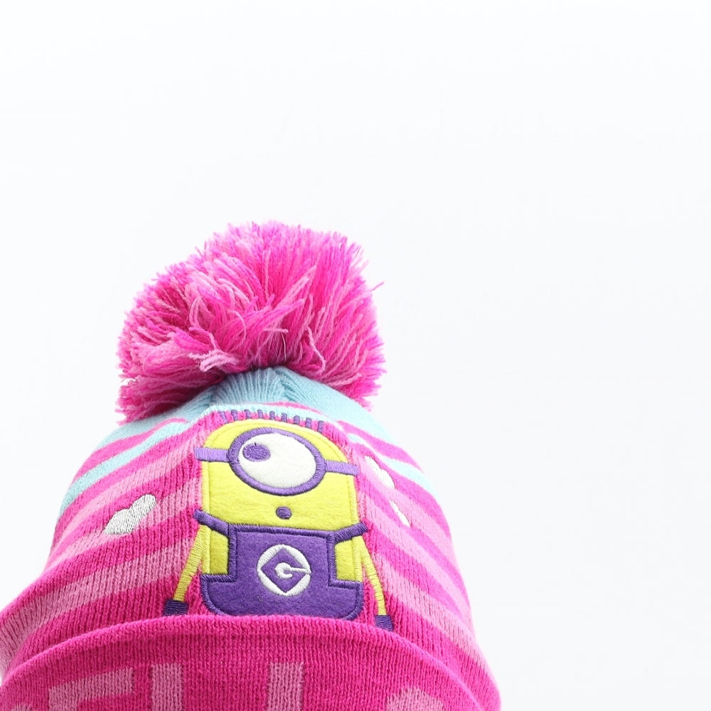 George Girls Pink Striped Acrylic Bobble Hat One Size - Despicable Me Minion