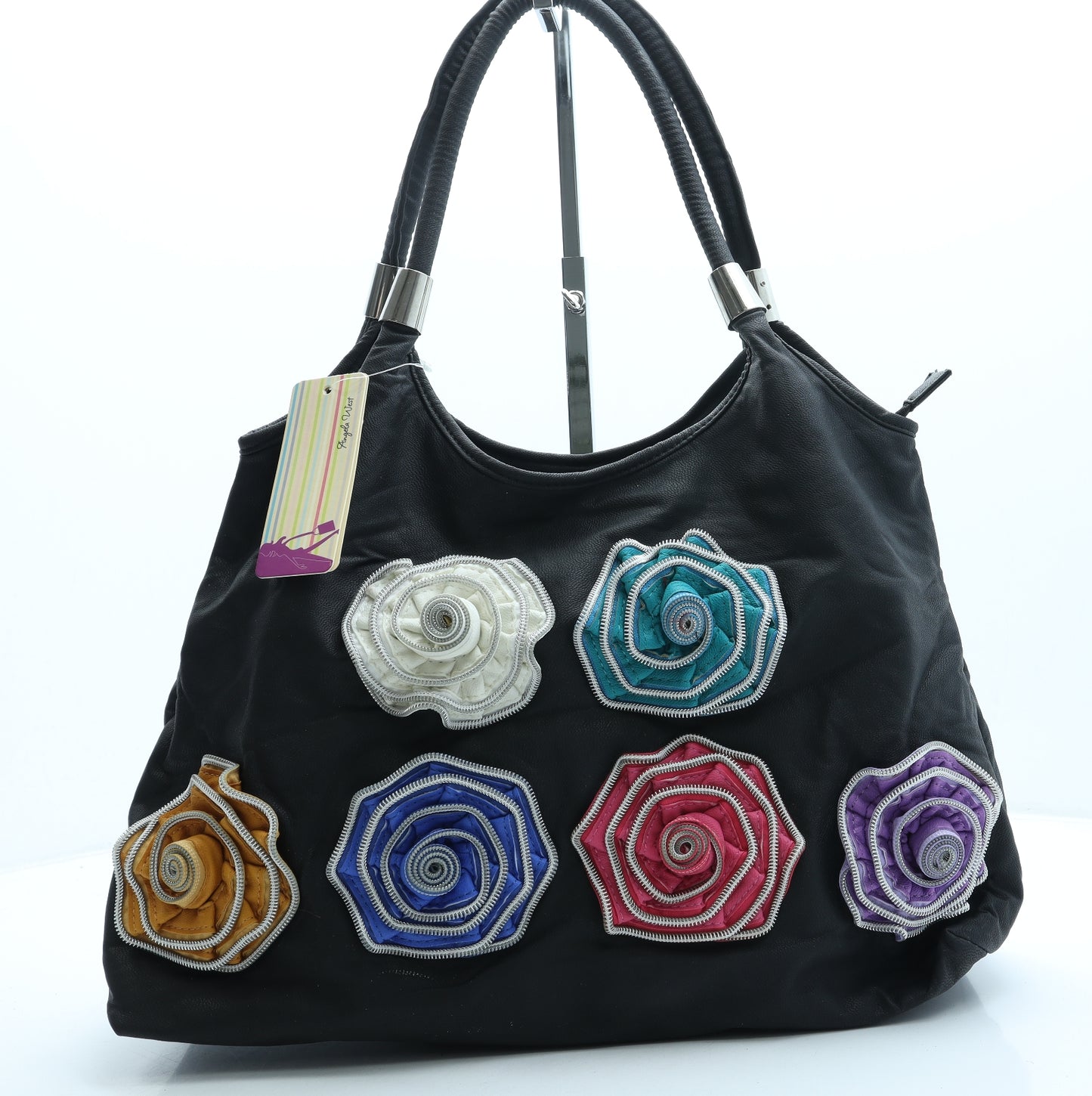 Angela West Womens Black Floral Leather Top Handle Bag Size Medium