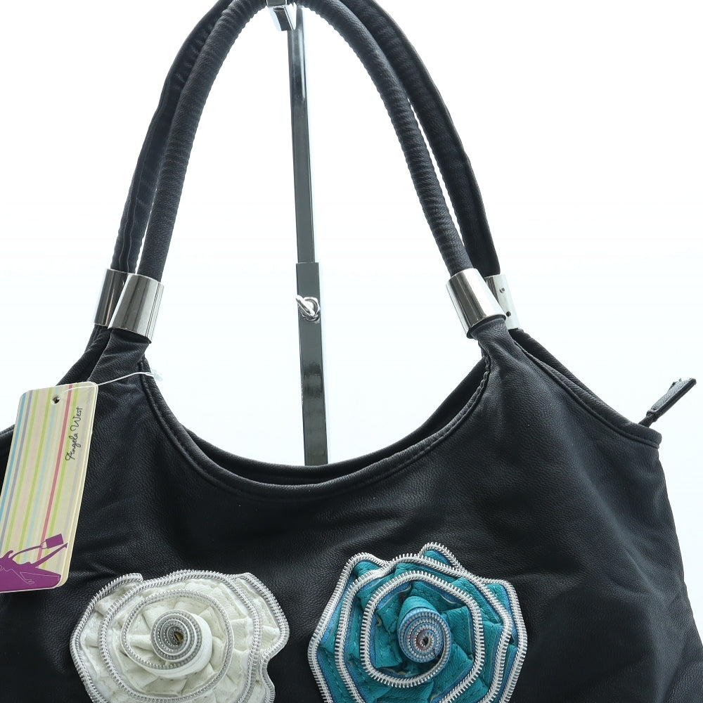 Angela West Womens Black Floral Leather Top Handle Bag Size Medium