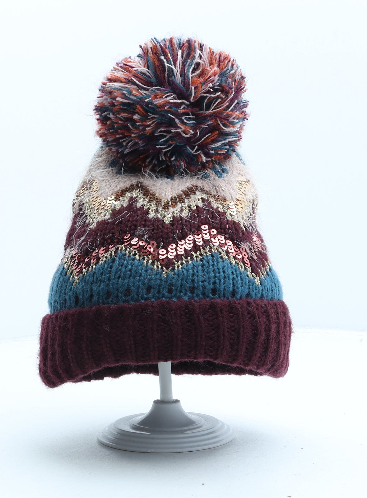 Zara Girls Purple Fair Isle Acrylic Bobble Hat One Size