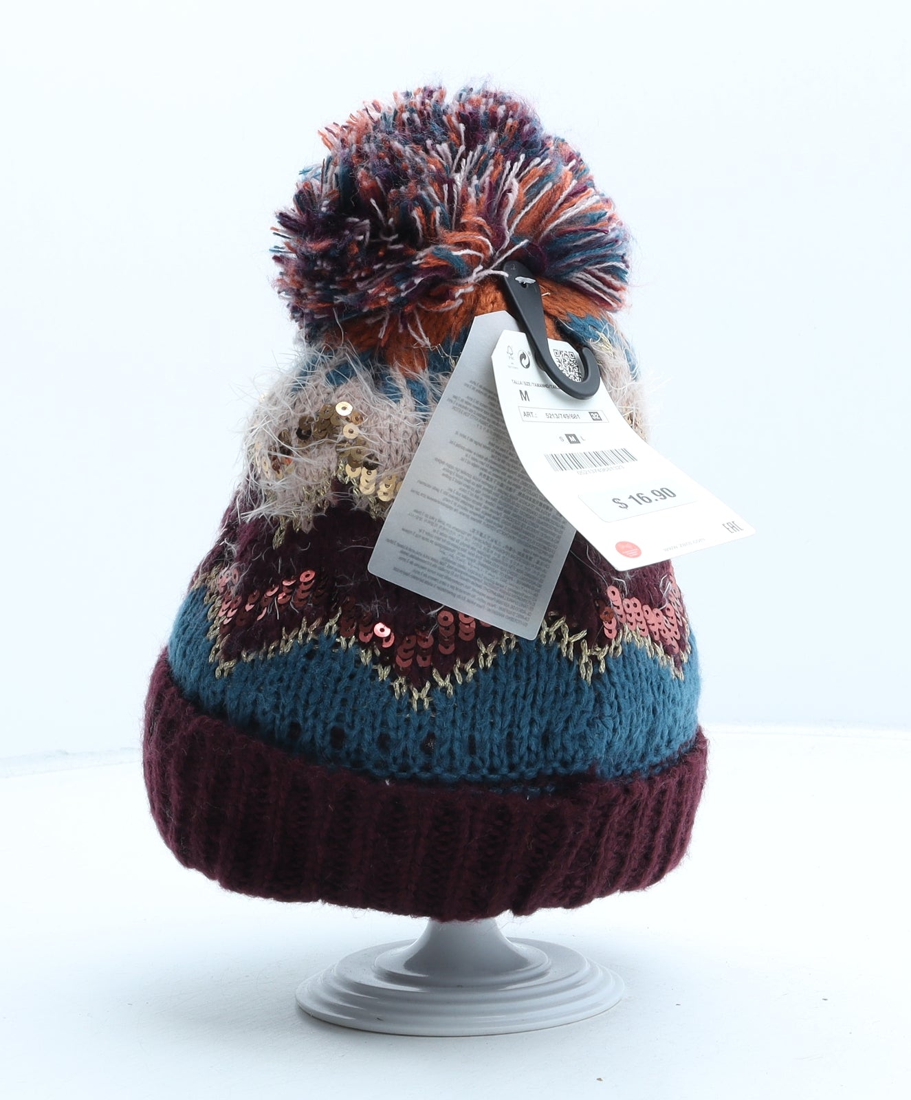 Zara Girls Purple Fair Isle Acrylic Bobble Hat One Size