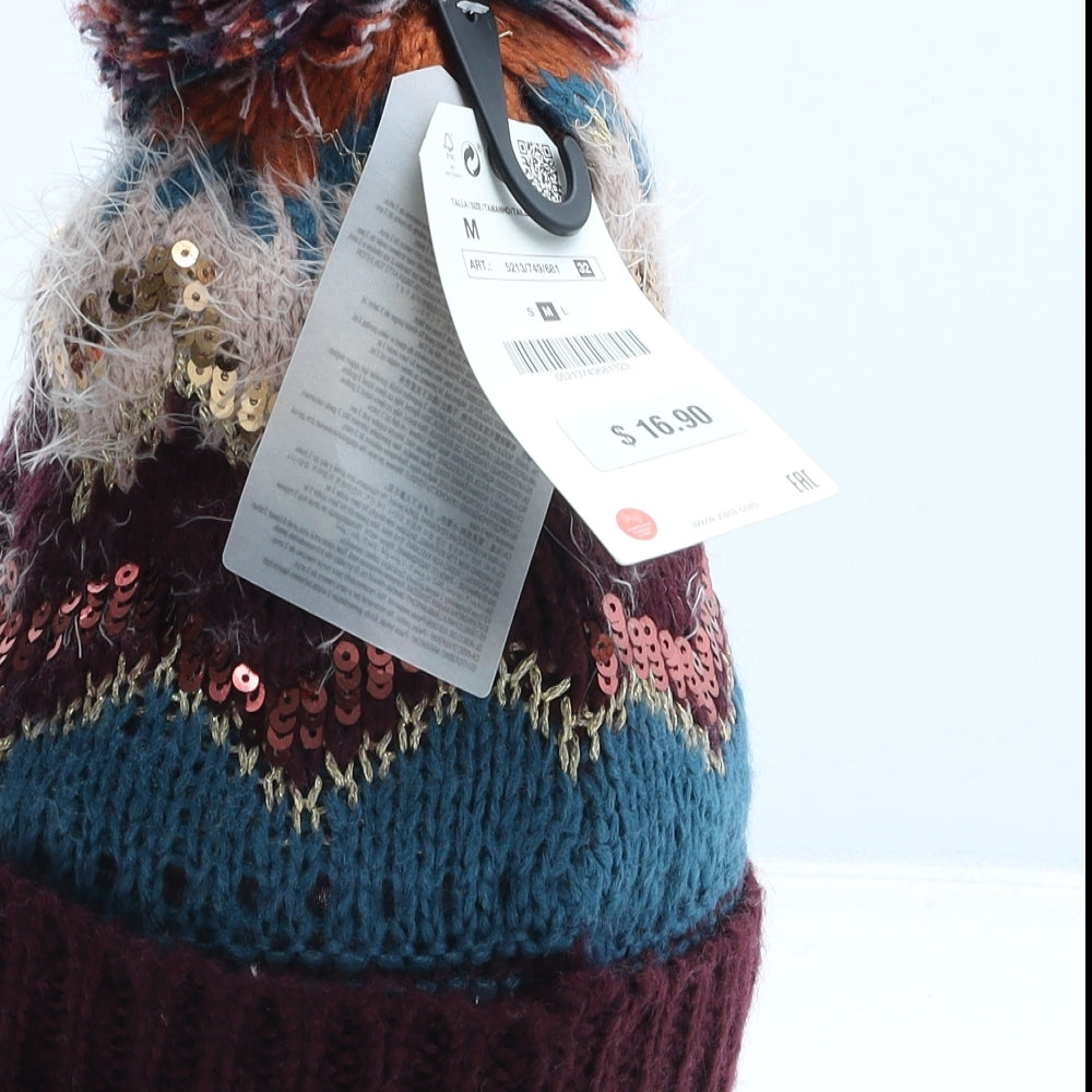 Zara Girls Purple Fair Isle Acrylic Bobble Hat One Size