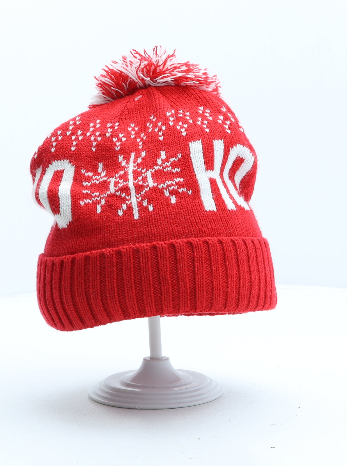 Preworn Girls Red Geometric Acrylic Bobble Hat One Size - Christmas HO HO
