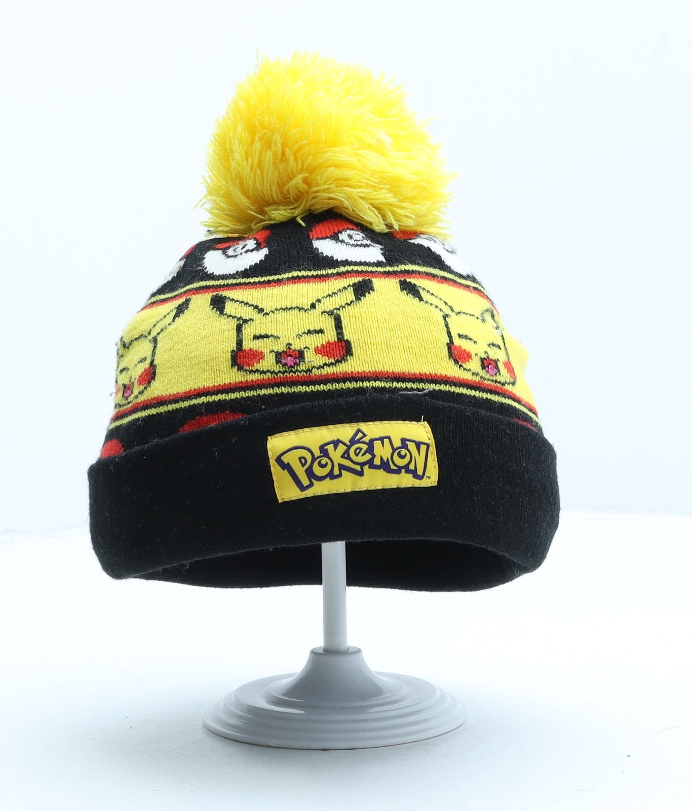 Pokemon Boys Black Striped Acrylic Bobble Hat One Size - Pikachu