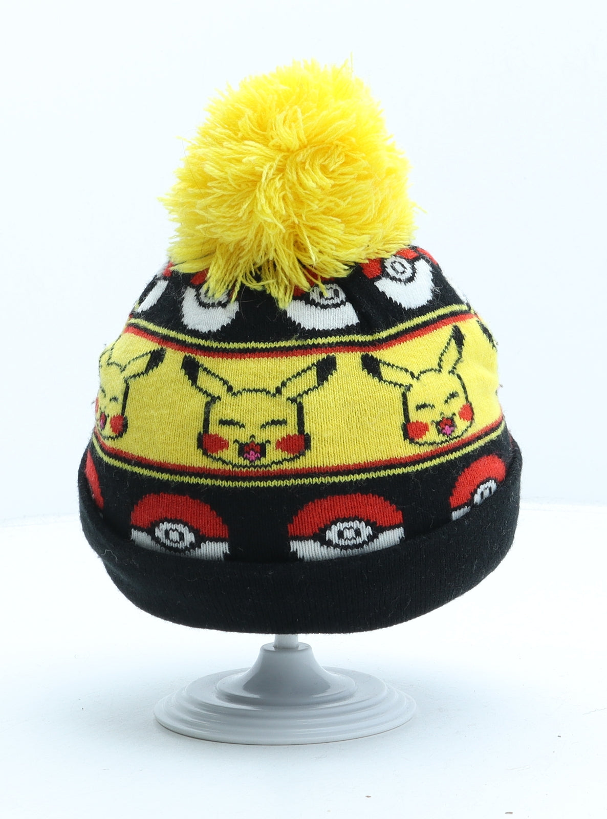 Pokemon Boys Black Striped Acrylic Bobble Hat One Size - Pikachu