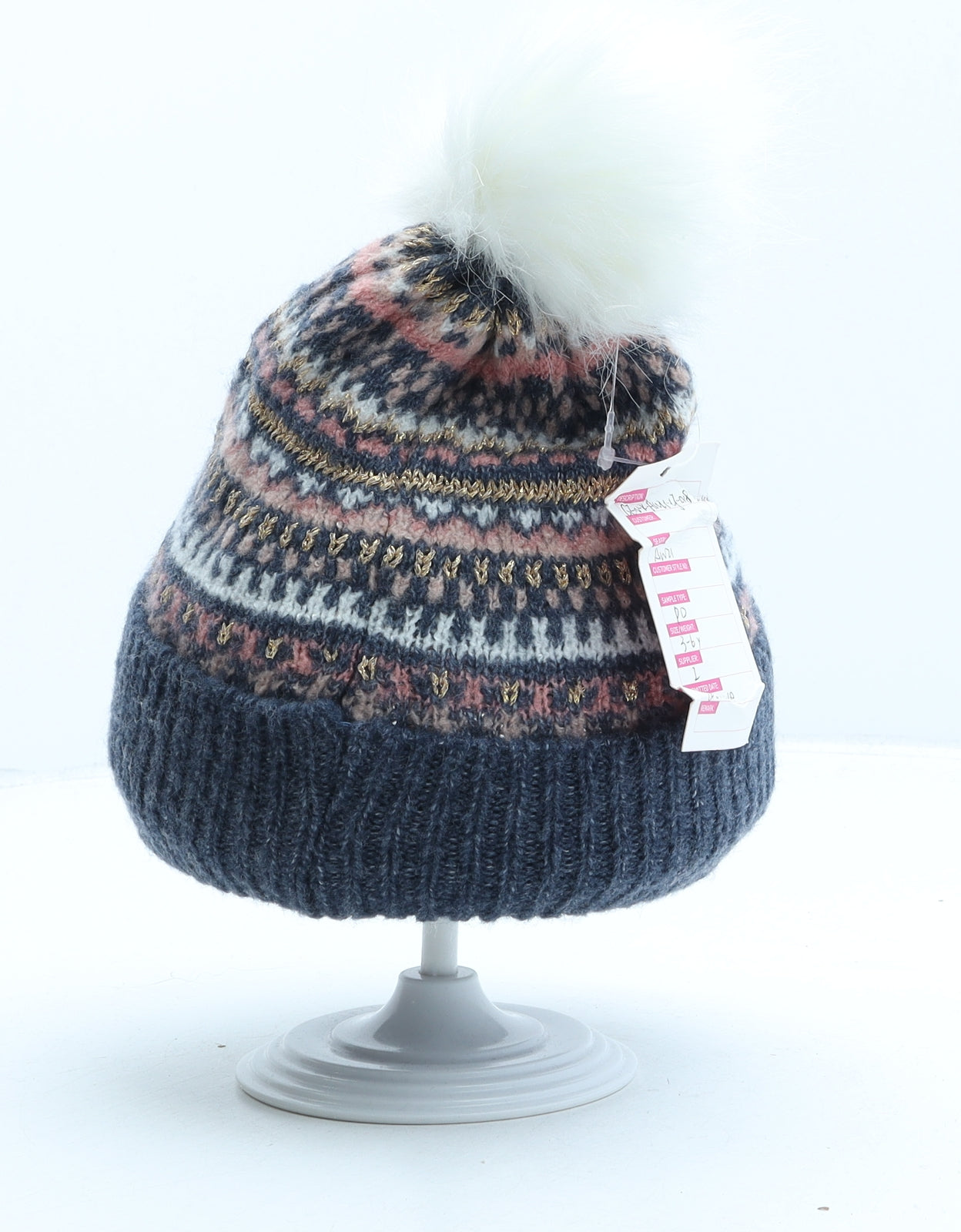 Boardmans Girls Blue Fair Isle Acrylic Bobble Hat One Size
