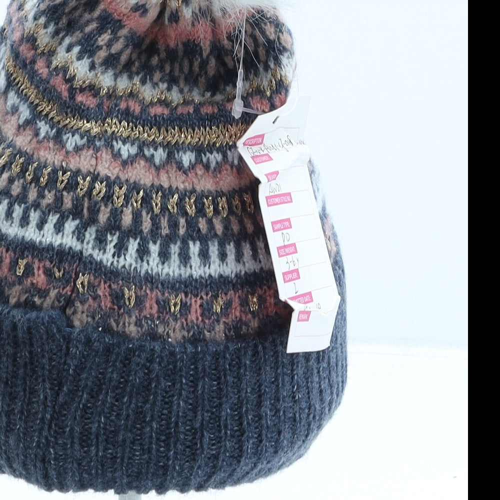 Boardmans Girls Blue Fair Isle Acrylic Bobble Hat One Size