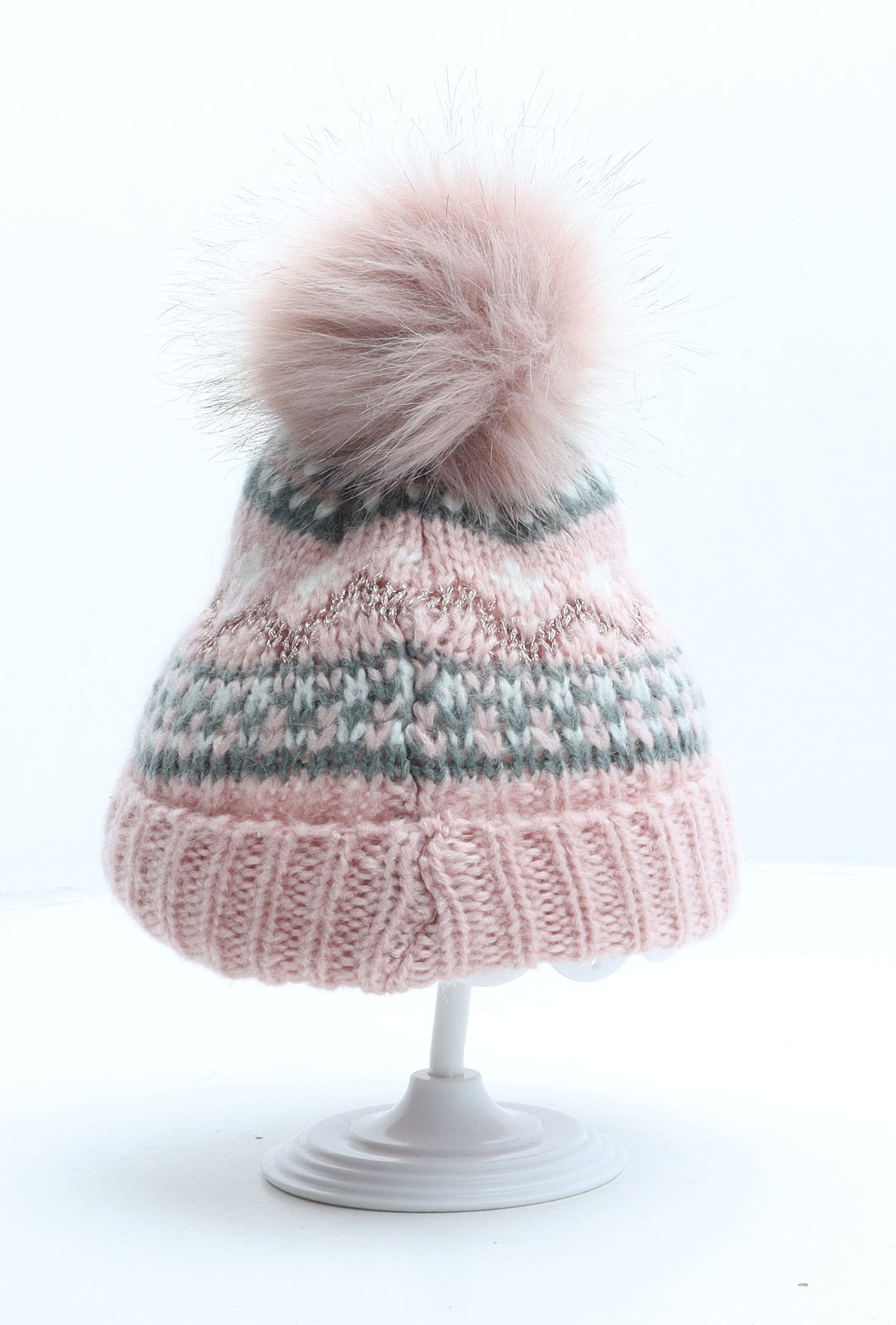 TU Girls Pink Striped Acrylic Bobble Hat One Size