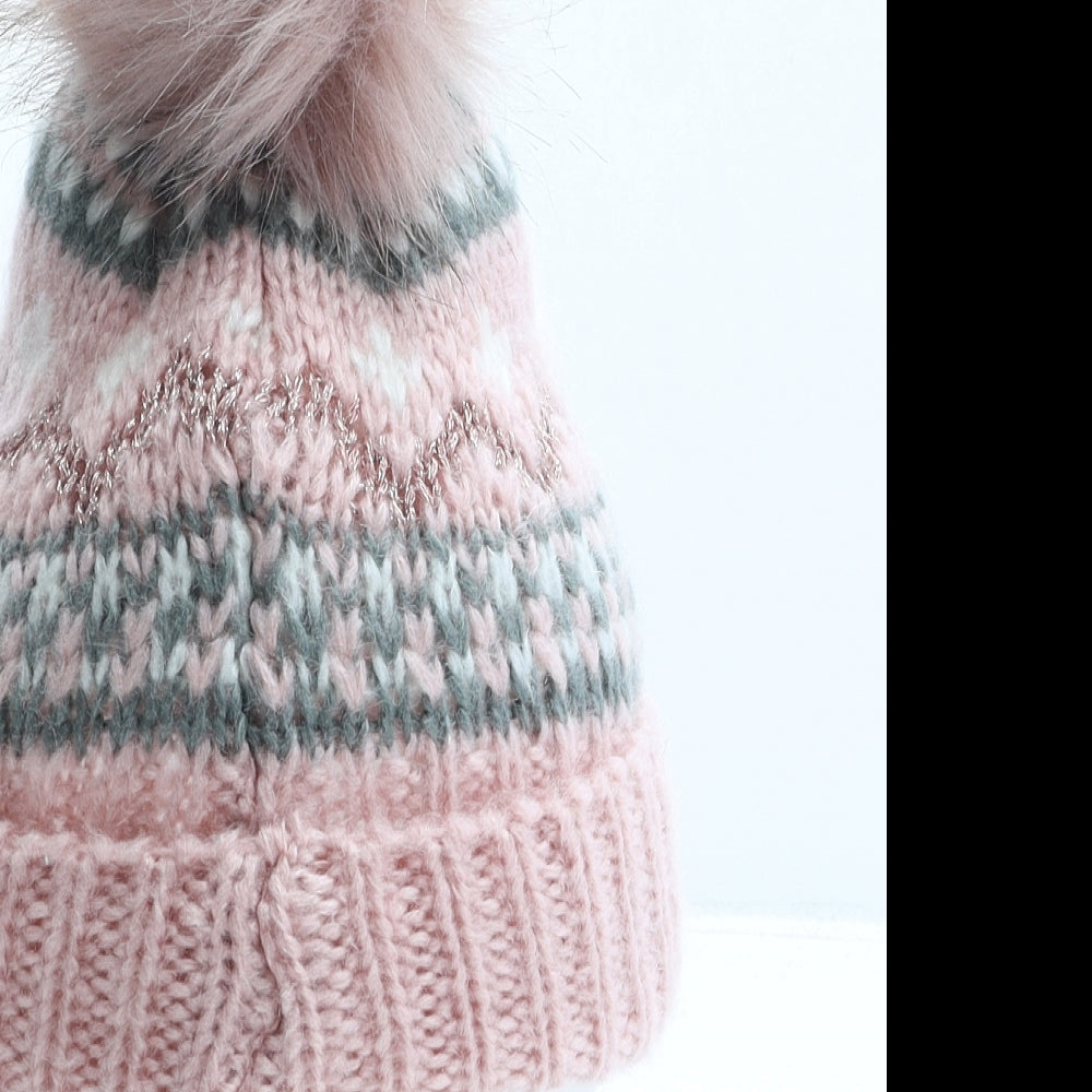 TU Girls Pink Striped Acrylic Bobble Hat One Size