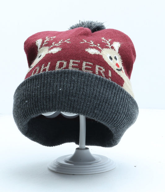 H&M Boys Red Acrylic Bobble Hat One Size - Reindeer