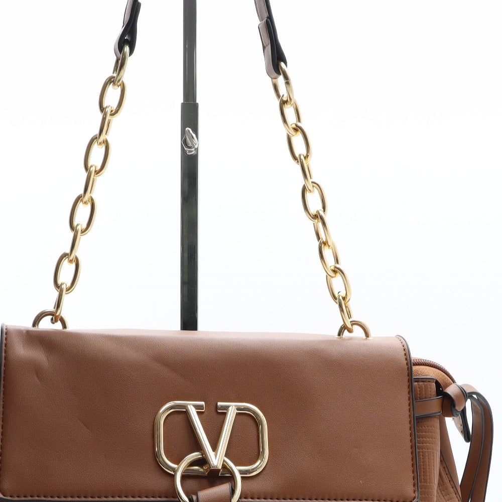 Preworn Womens Brown Geometric Polyethylene Shoulder Bag Size Medium