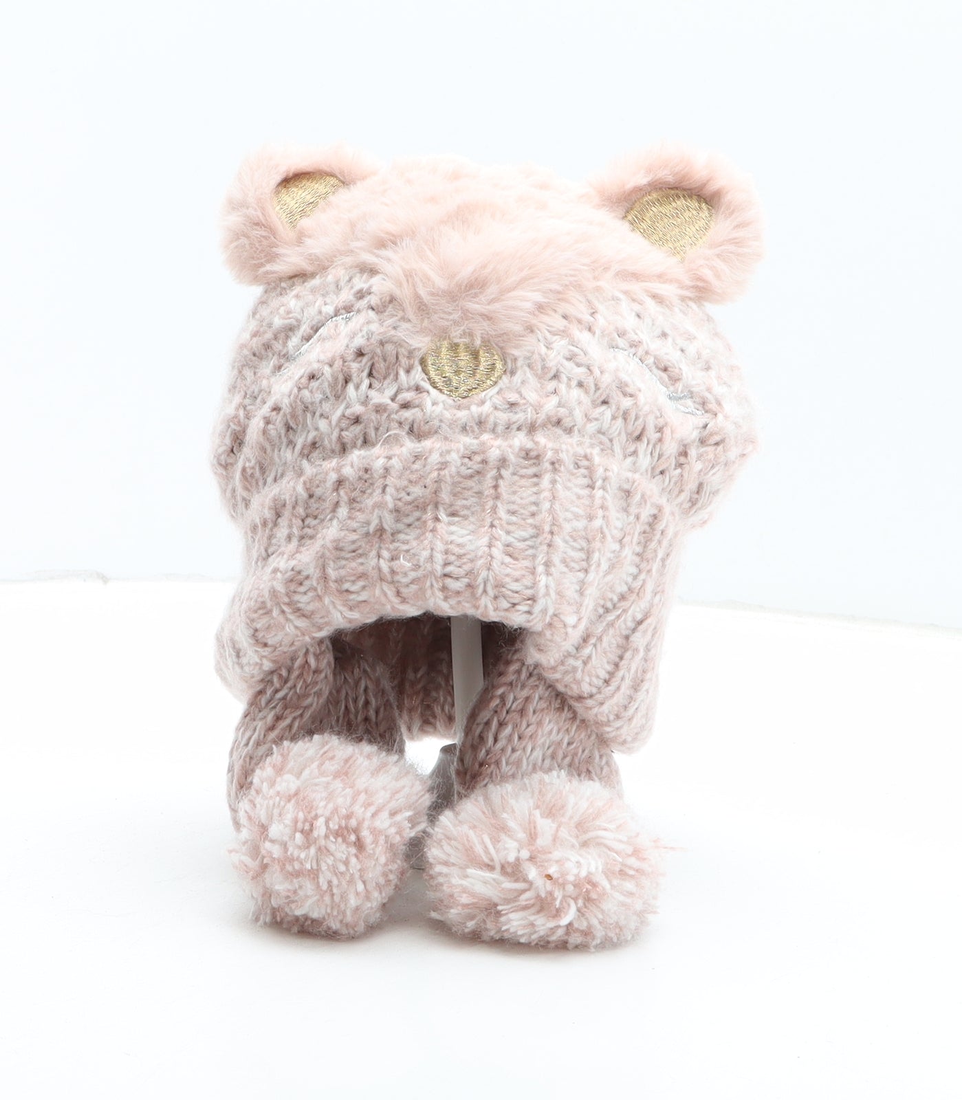 Preworn Girls Pink Acrylic Bobble Hat One Size - Teddy Bear
