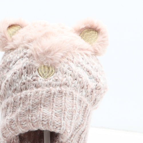 Preworn Girls Pink Acrylic Bobble Hat One Size - Teddy Bear