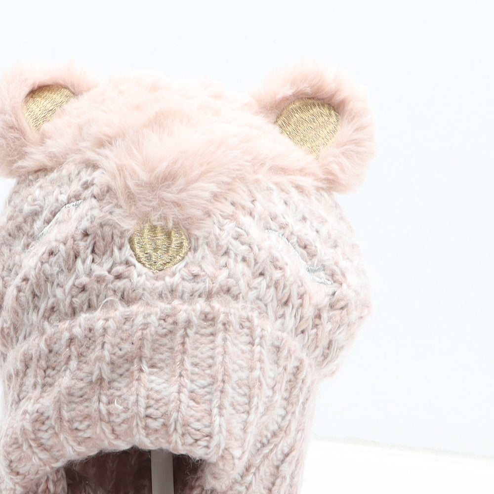 Preworn Girls Pink Acrylic Bobble Hat One Size - Teddy Bear