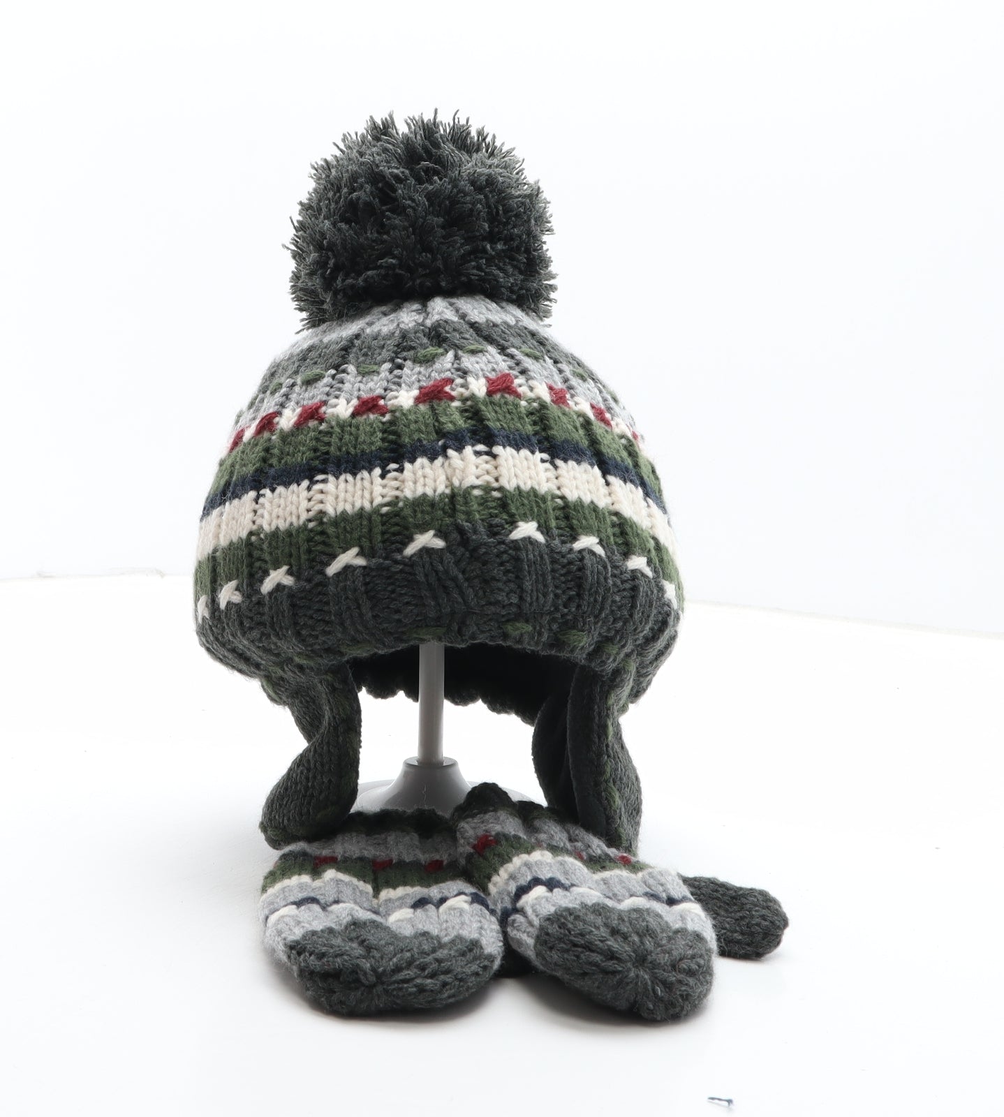 Preworn Boys Green Striped Acrylic Bobble Hat One Size