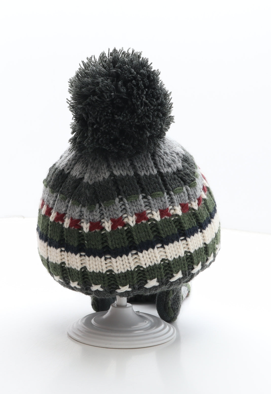 Preworn Boys Green Striped Acrylic Bobble Hat One Size