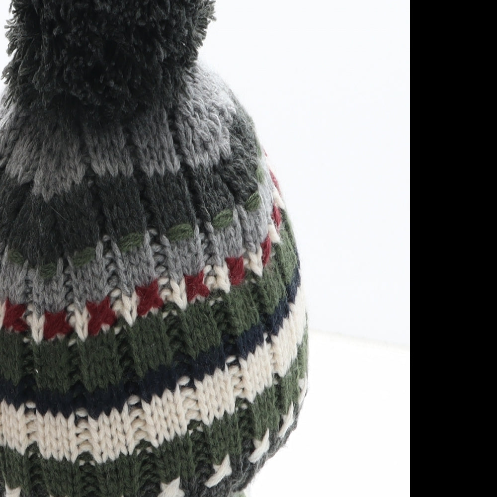 Preworn Boys Green Striped Acrylic Bobble Hat One Size