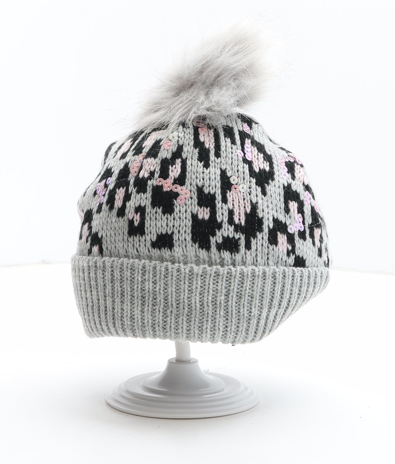 Preworn Girls Grey Animal Print Acetate Bobble Hat One Size