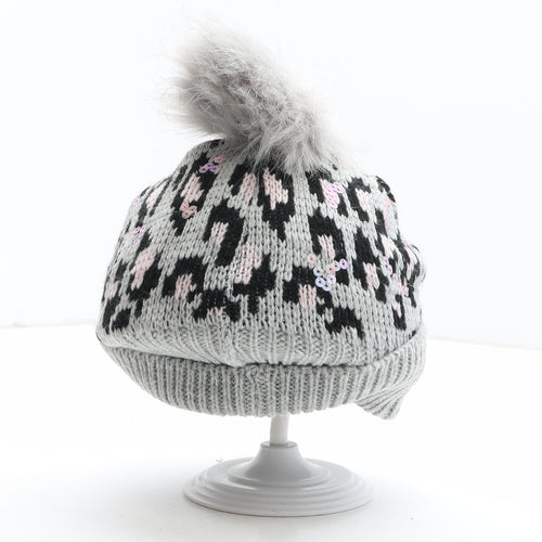 Preworn Girls Grey Animal Print Acetate Bobble Hat One Size