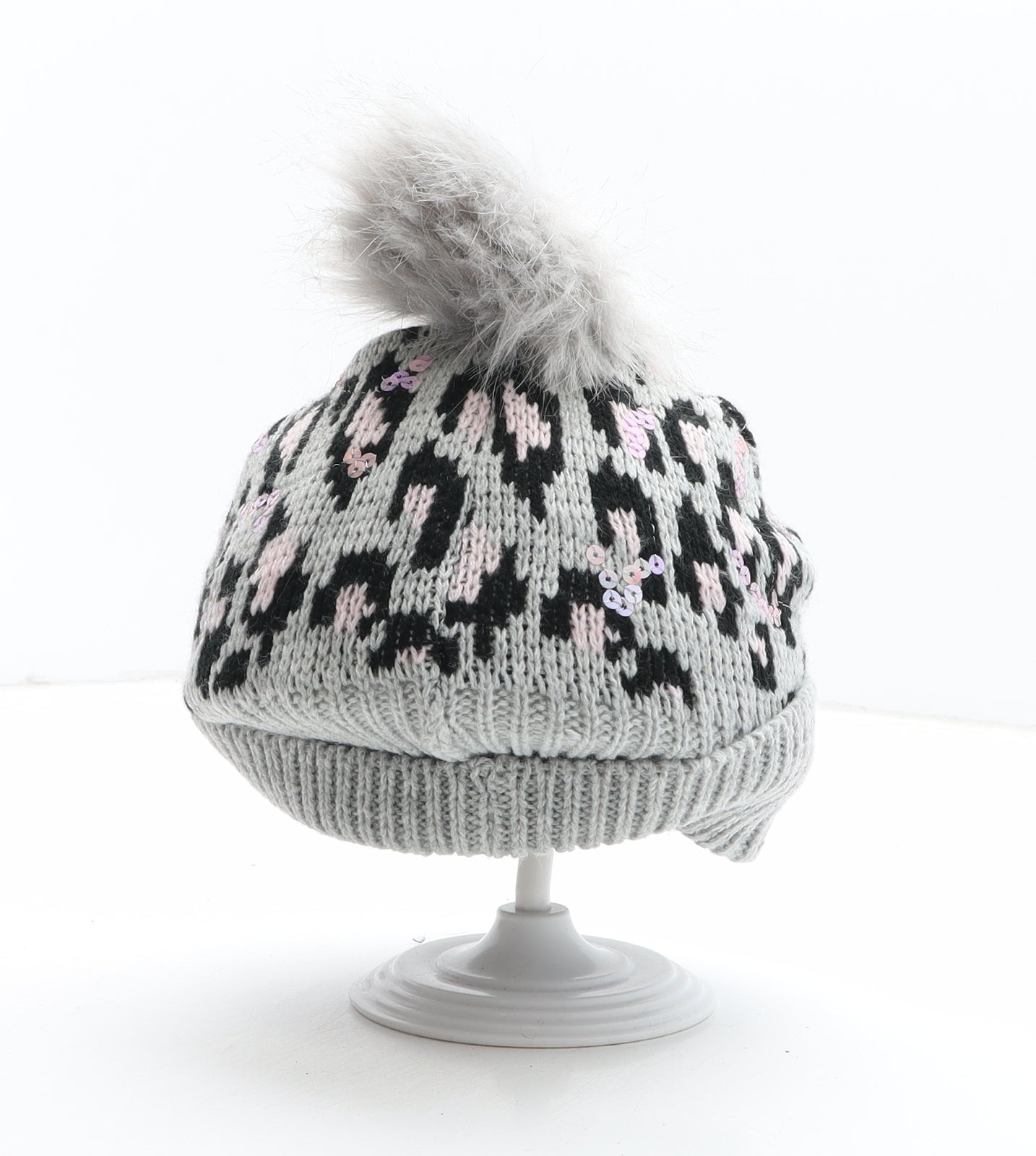 Preworn Girls Grey Animal Print Acetate Bobble Hat One Size