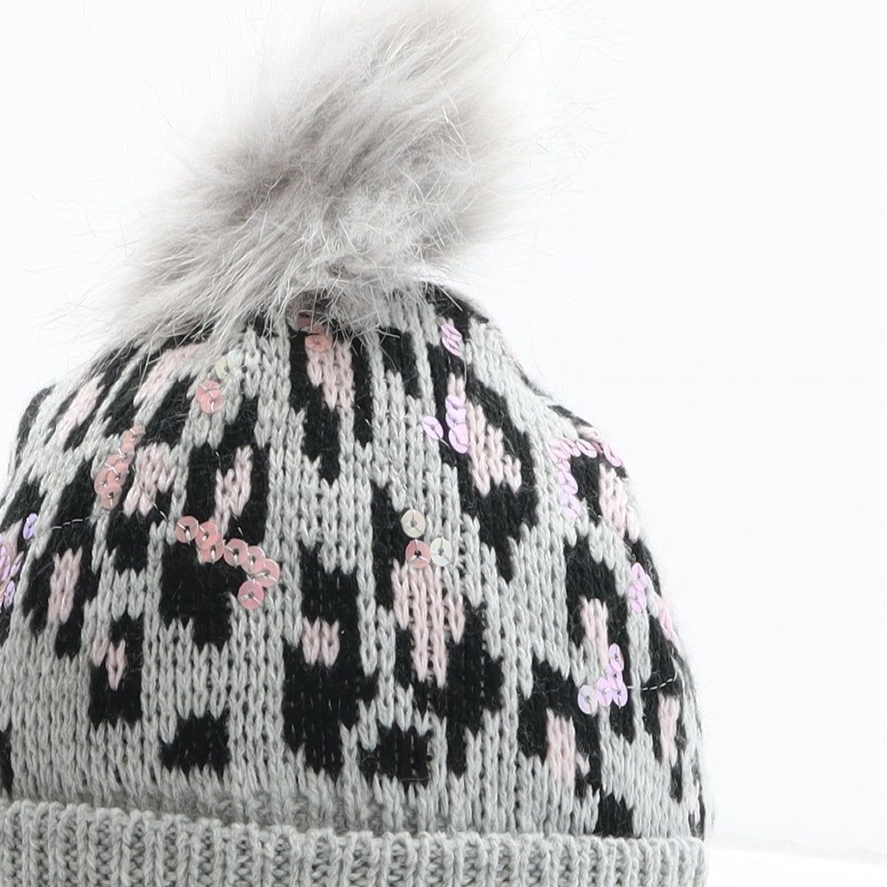 Preworn Girls Grey Animal Print Acetate Bobble Hat One Size