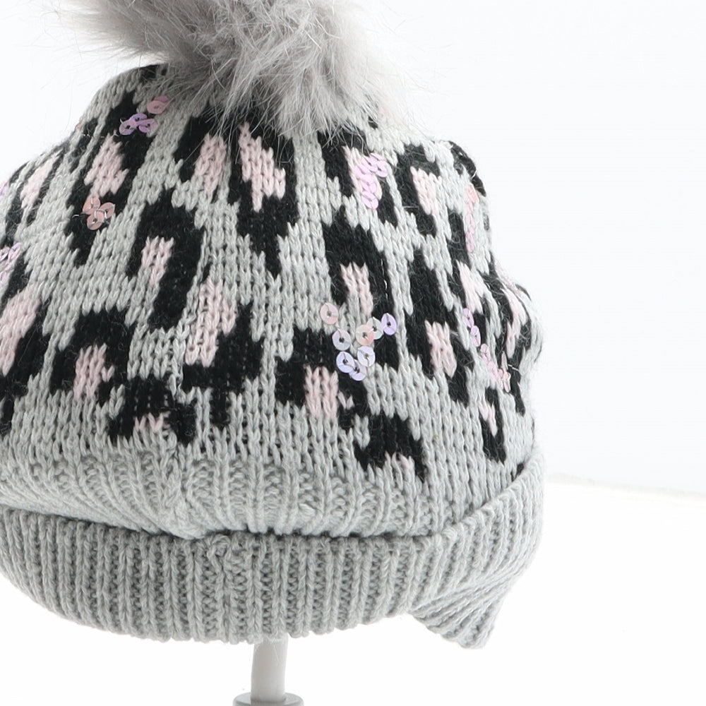 Preworn Girls Grey Animal Print Acetate Bobble Hat One Size