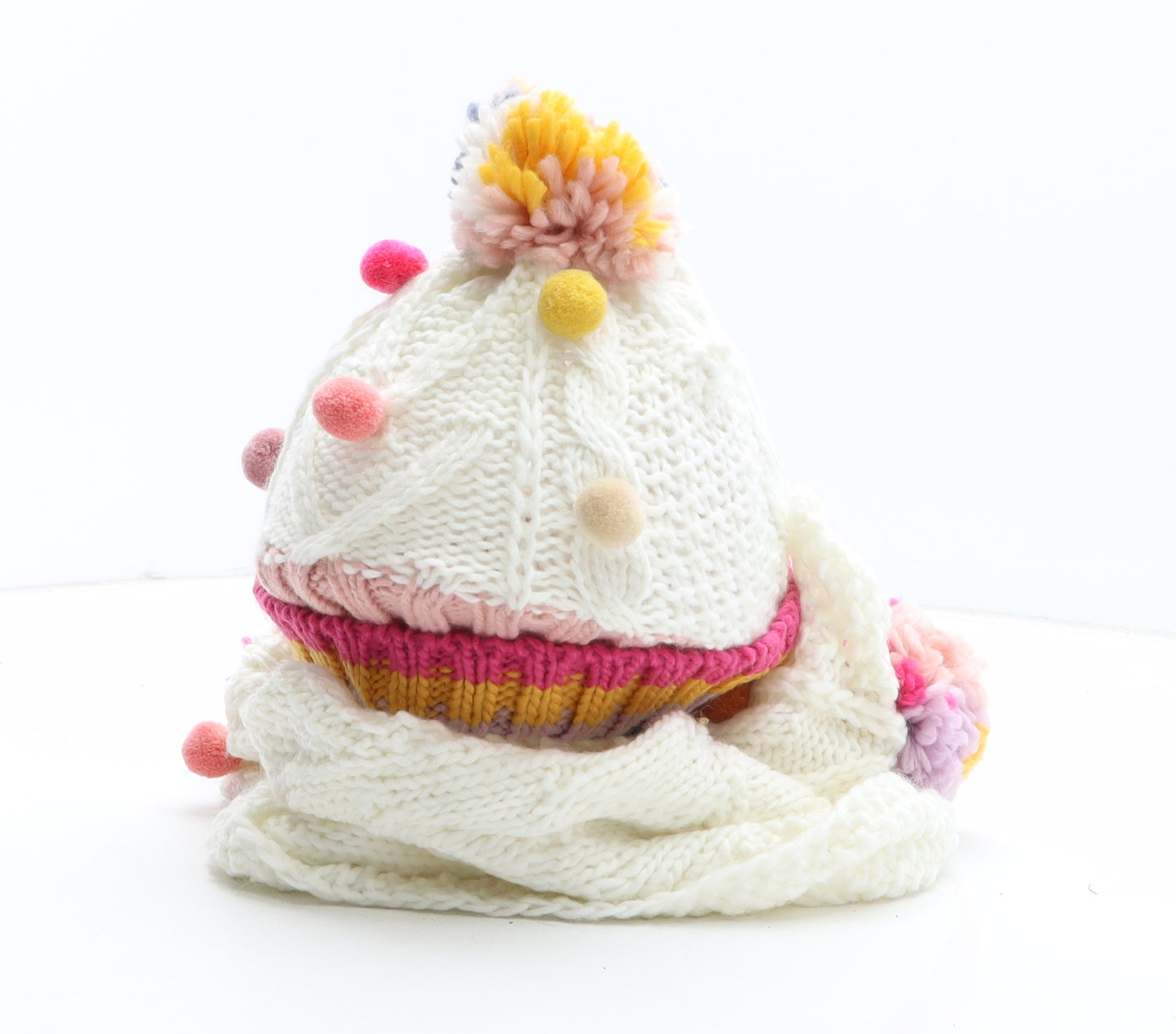Preworn Girls White Colourblock Acrylic Bobble Hat One Size - PomPoms